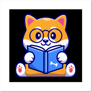 Cute Shiba Inu Dog Reading Book Cartoon Posters and Art